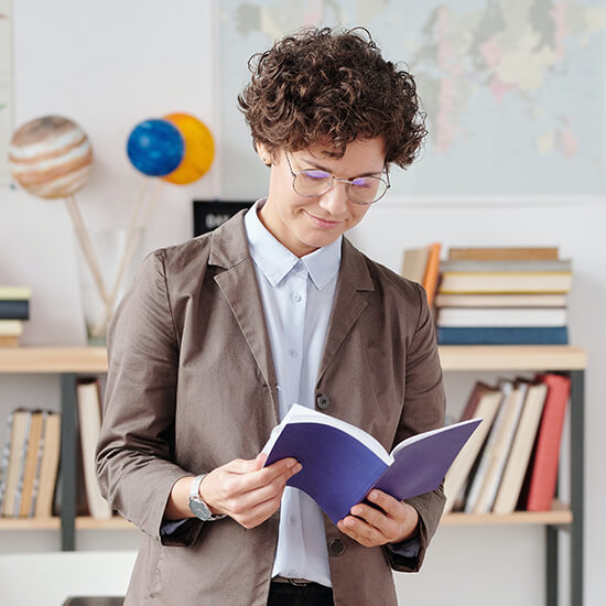 Professional reading a book
